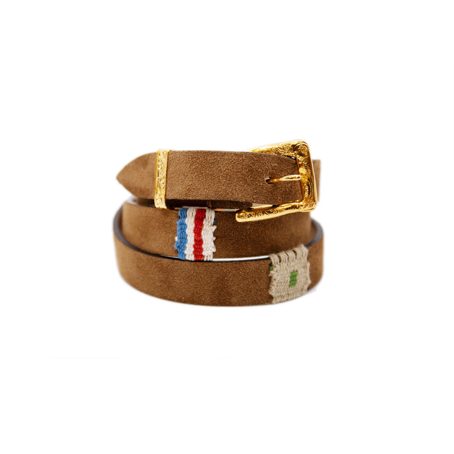 Slim 3 1⁄4 inch belt made from rough-out calf skin in pecan Woven highlights throughout Golden hand casted Hammered buckle and loop
