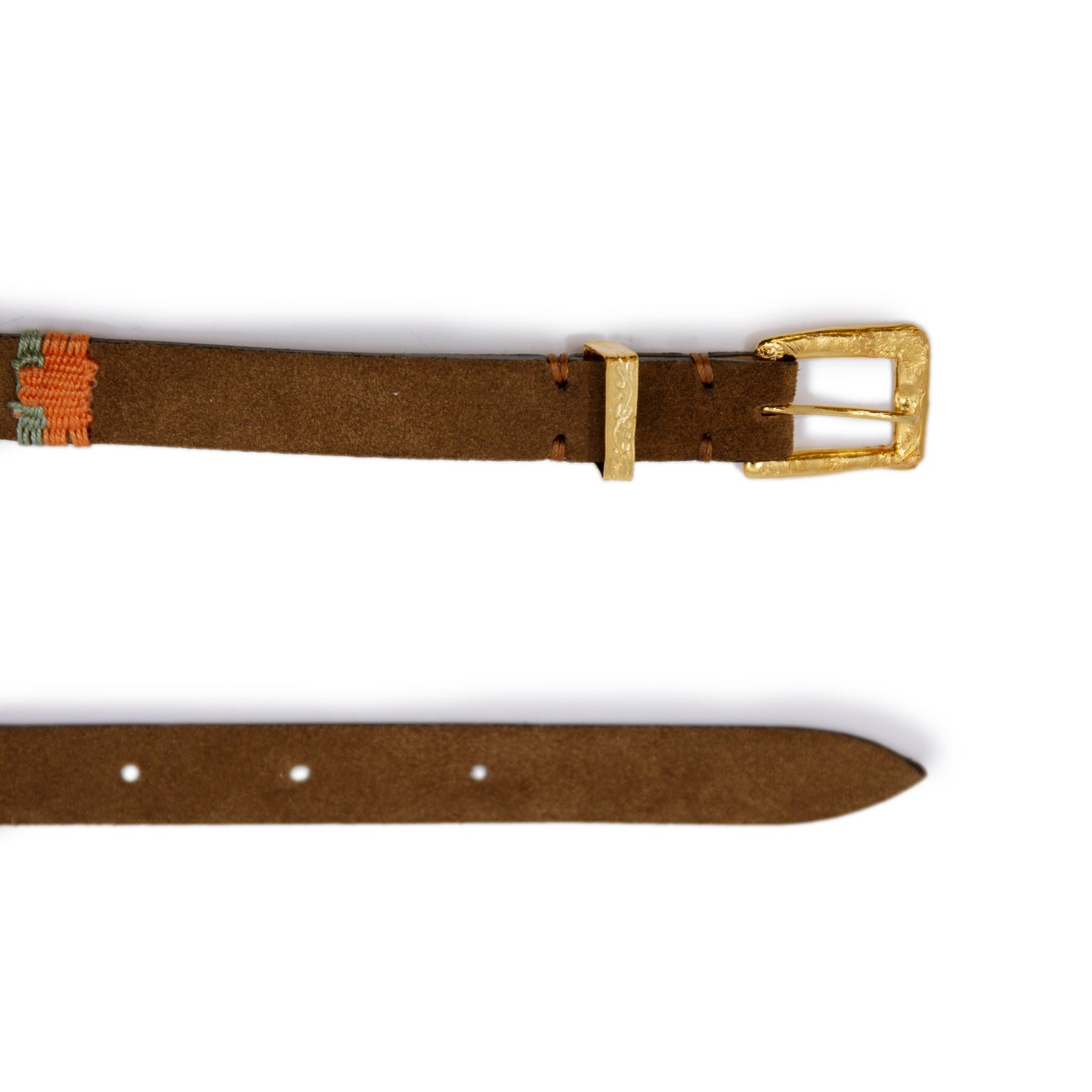 Slim 3 1⁄4 inch belt made from rough-out calf skin in pecan Woven highlights throughout Golden hand casted Hammered buckle and loop