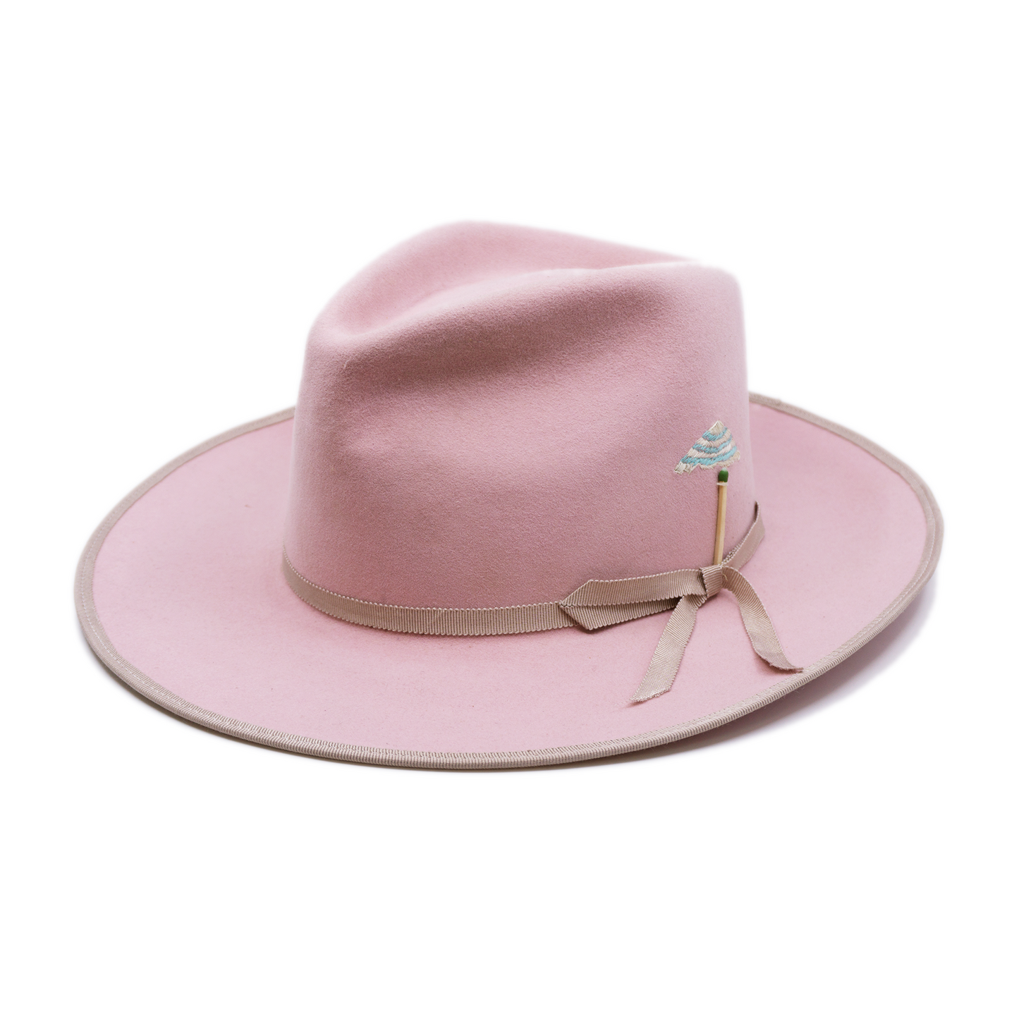 100% felt hat in Rose Dress Weight 9mm" beige grosgrain ribbon band and binding Embroidered umbrella matchstick artwork throughout Flat to flanged brim Made in USA