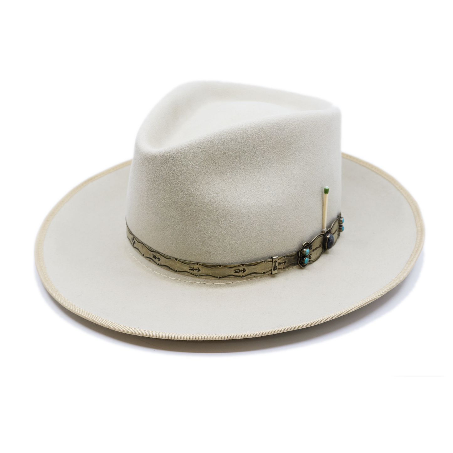 100% felt hat in Boneyard Dress Weight Embossed NF silver icon band with turquoise details 12mm Tonal binding on brim Flanged brim Made in USA