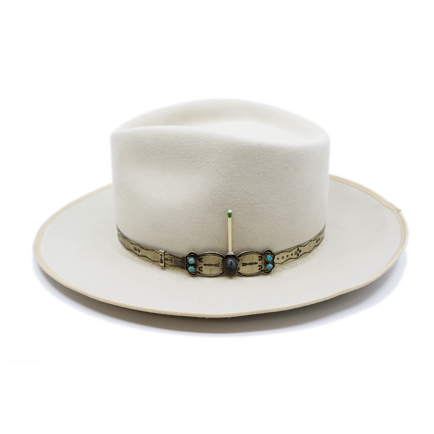 100% felt hat in Boneyard Dress Weight Embossed NF silver icon band with turquoise details 12mm Tonal binding on brim Flanged brim Made in USA