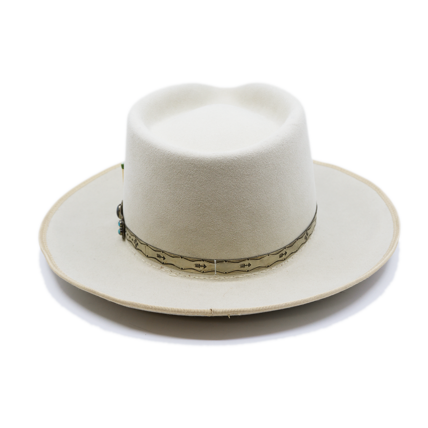 100% felt hat in Boneyard Dress Weight Embossed NF silver icon band with turquoise details 12mm Tonal binding on brim Flanged brim Made in USA