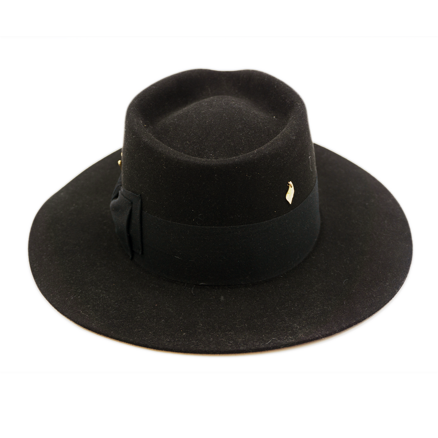 100% felt hat in Blackout Dress Weight 2” Tonal herringbone band and double bow Brass matchsticks and leaves throughout Slight flanged brim Made in USA
