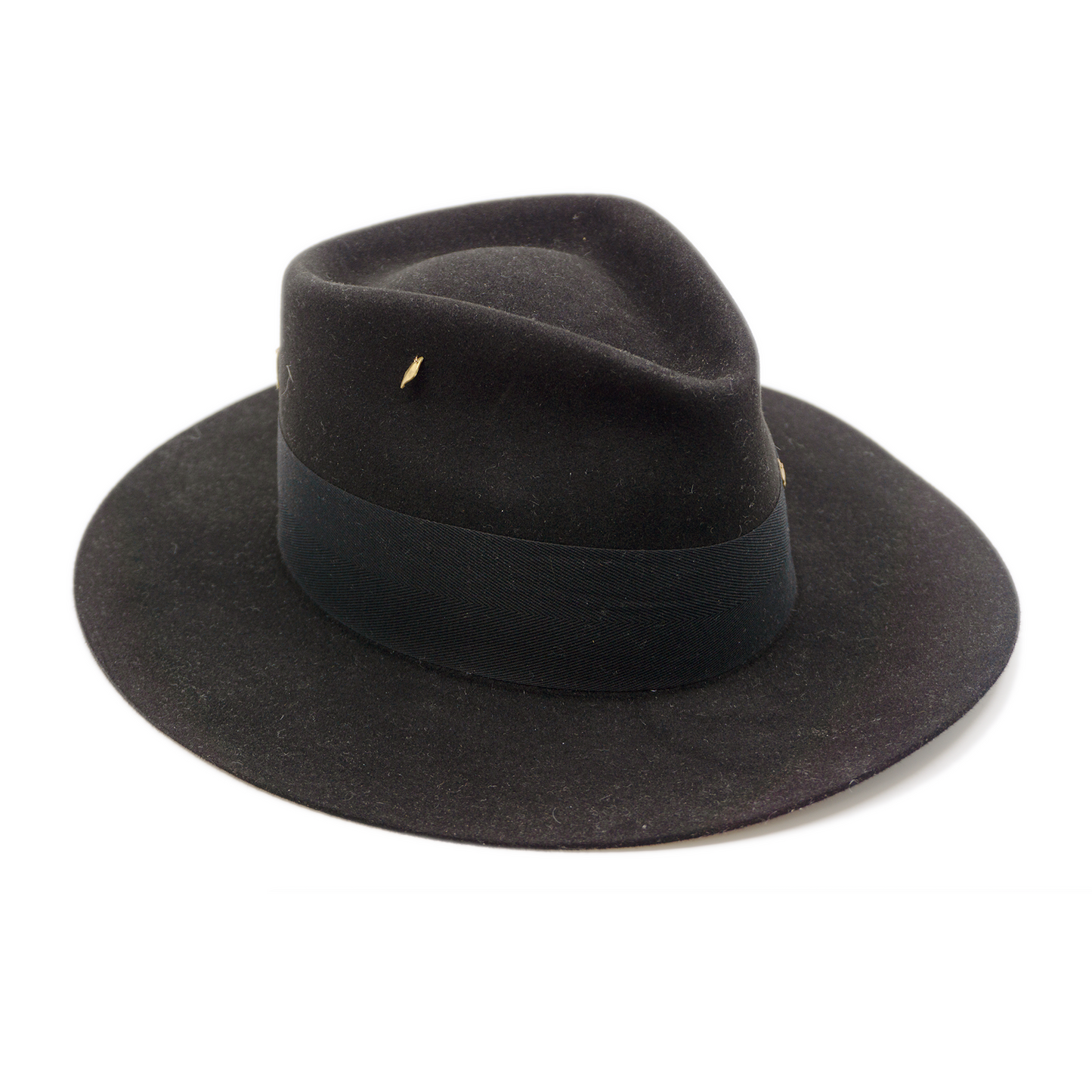 100% felt hat in Blackout Dress Weight 2” Tonal herringbone band and double bow Brass matchsticks and leaves throughout Slight flanged brim Made in USA