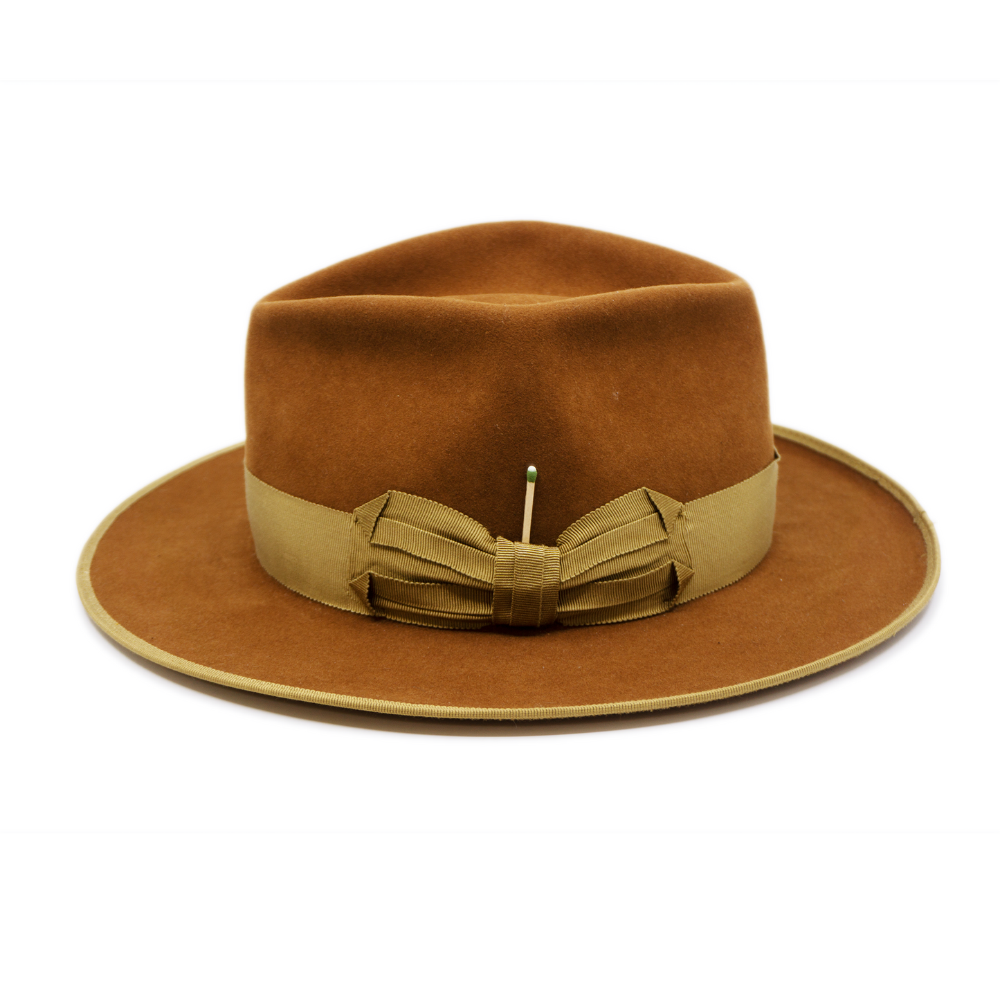 100% felt hat in Tobacco Dress Weight 1 ½” Grosgrain beige band with special bow Custom NF brush in leather holder Brass matchsticks and leaves throughout 12mm grosgrain beige binding Light back pencil curled brim Made in USA