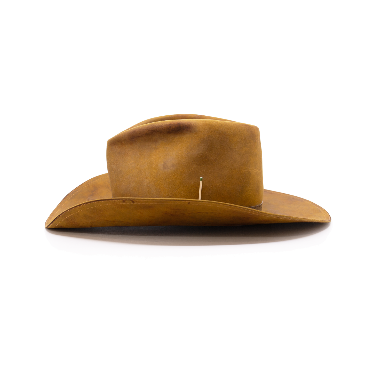 100% felt hat in Gold Western Weight 1/2" NF custom cowboy chrome band Molt-harvested turkey feather with wrapped color accents Distressed Double ticking on brim Cowboy flanged brim Made in USA