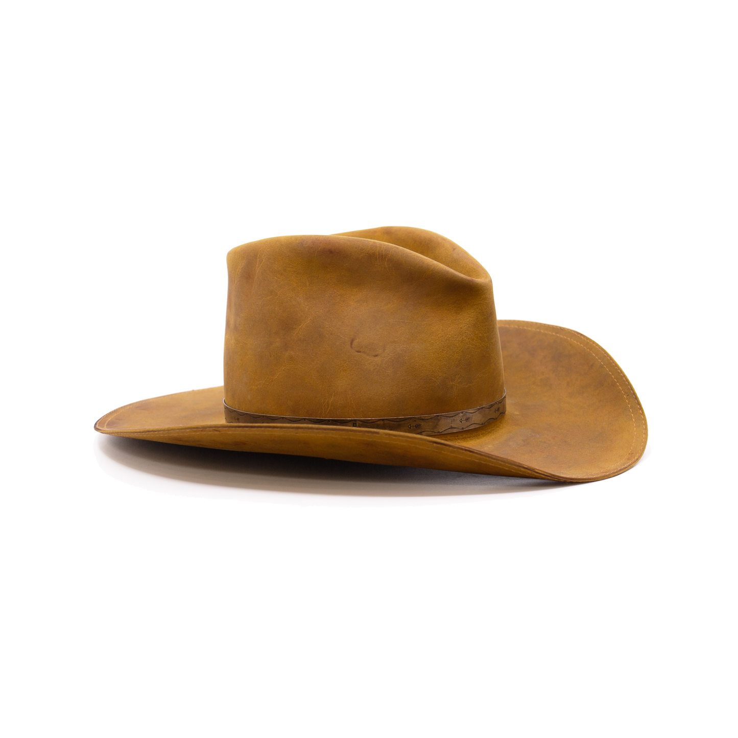 100% felt hat in Gold Western Weight 1/2" NF custom cowboy chrome band Molt-harvested turkey feather with wrapped color accents Distressed Double ticking on brim Cowboy flanged brim Made in USA