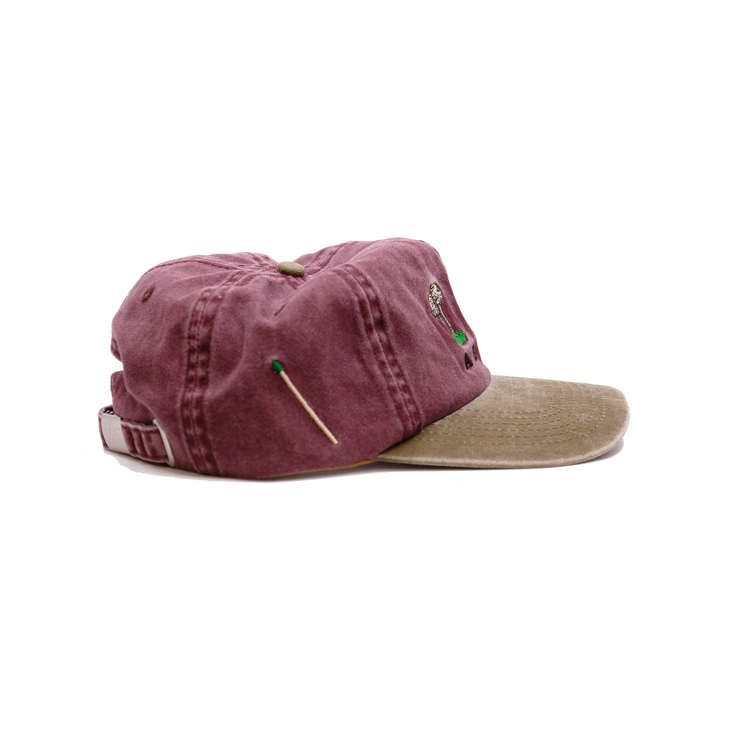 Washed cotton twill baseball cap Purple crown, moss green brim and button Aspen mushroom embroidery at front Embroidered matchstick on reverse side One size fits all Made in Los Angeles