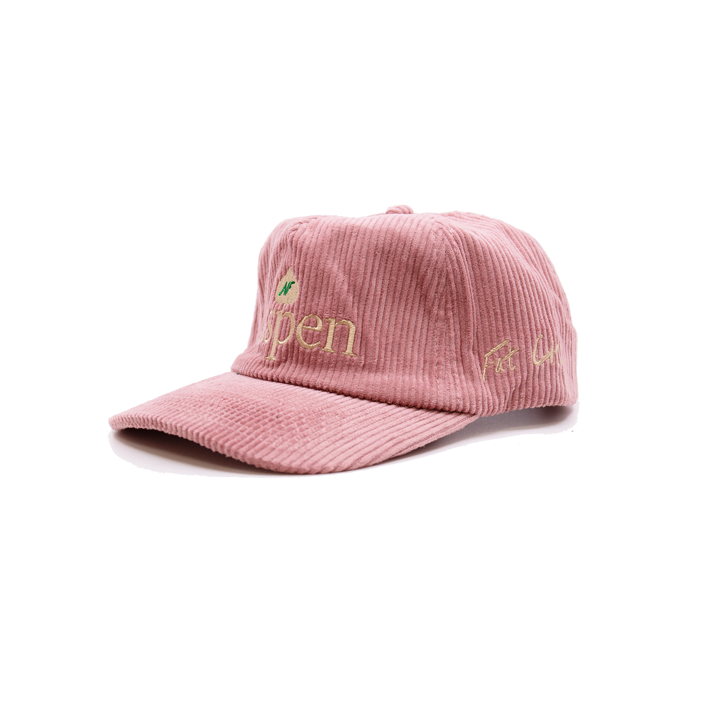 Pink corduroy baseball cap NF Aspen leaf embroidery graphic at front Fat city embroidery on side Embroidered matchstick on reverse side One size fits all Made in Los Angeles