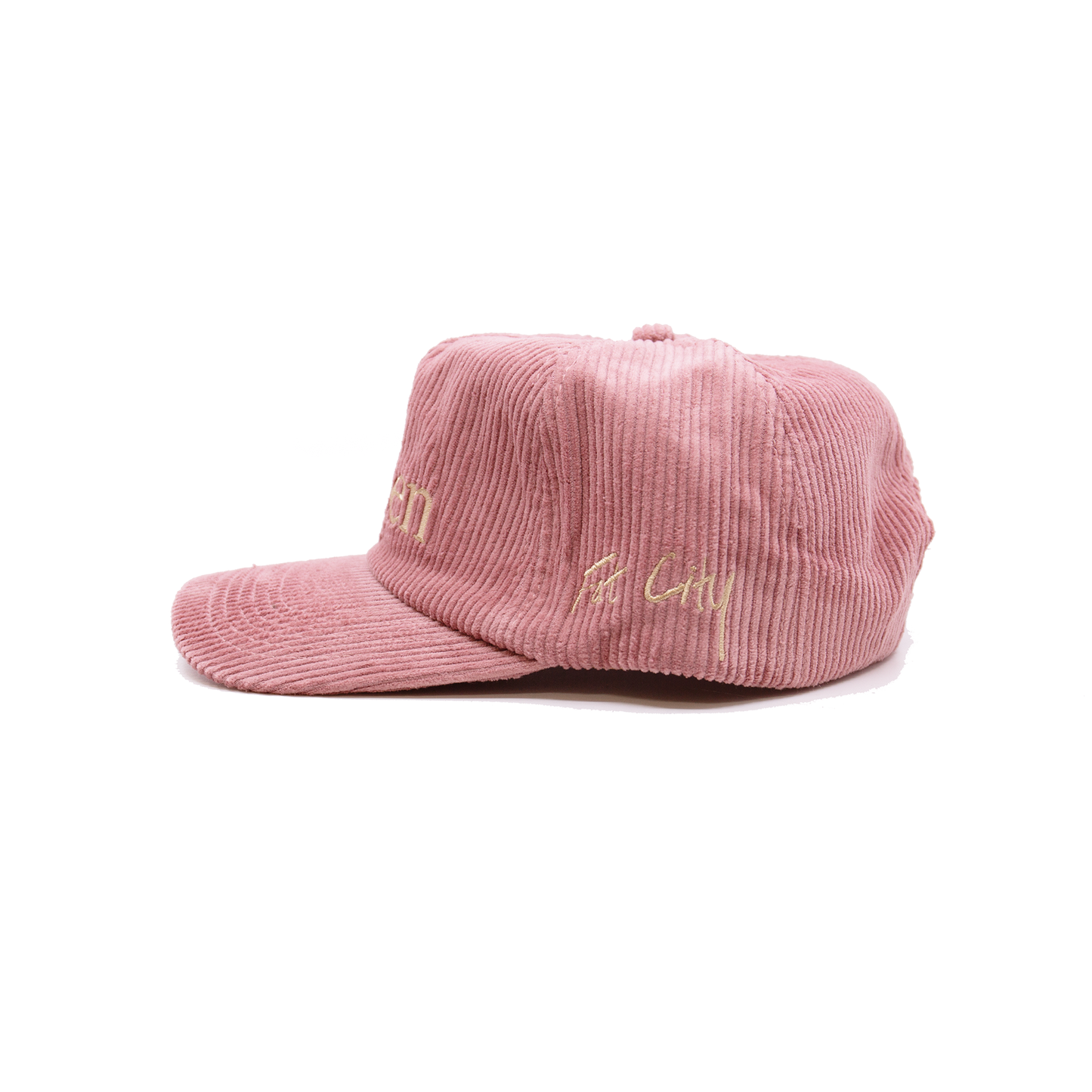Pink corduroy baseball cap NF Aspen leaf embroidery graphic at front Fat city embroidery on side Embroidered matchstick on reverse side One size fits all Made in Los Angeles