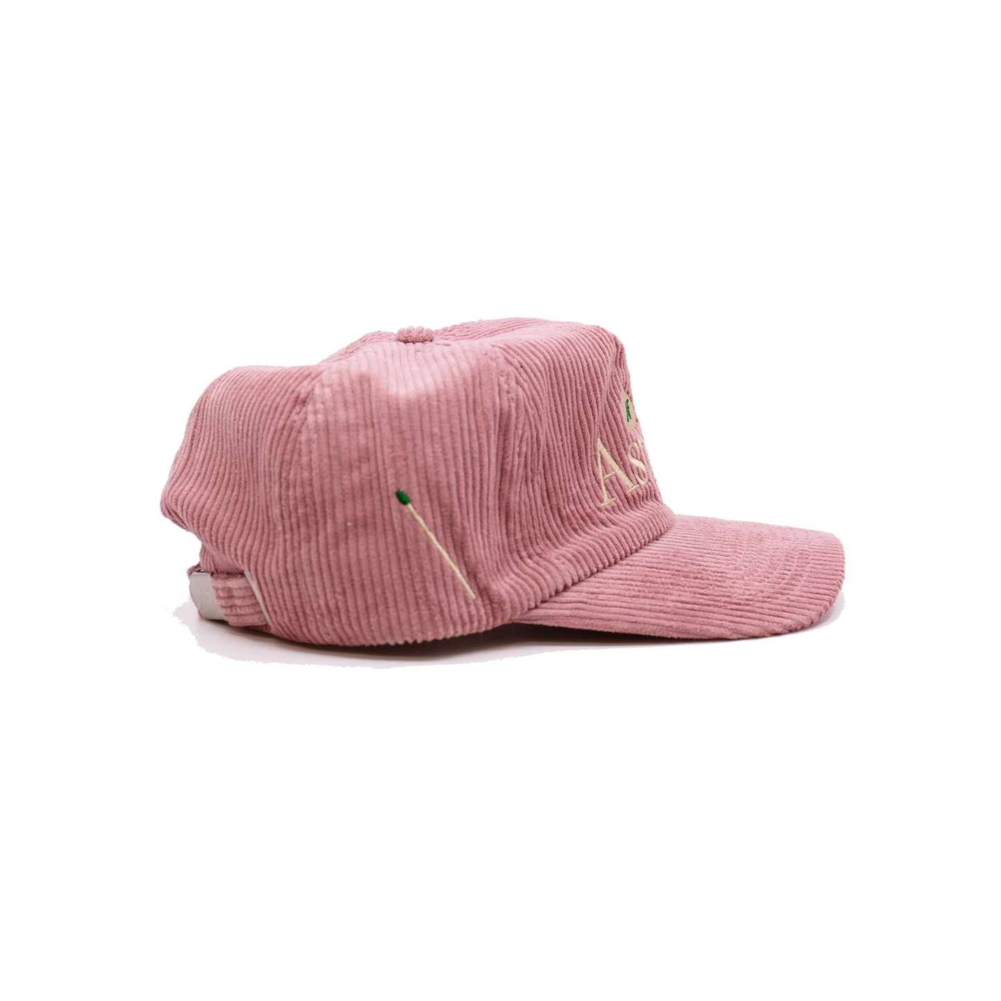 Pink corduroy baseball cap NF Aspen leaf embroidery graphic at front Fat city embroidery on side Embroidered matchstick on reverse side One size fits all Made in Los Angeles