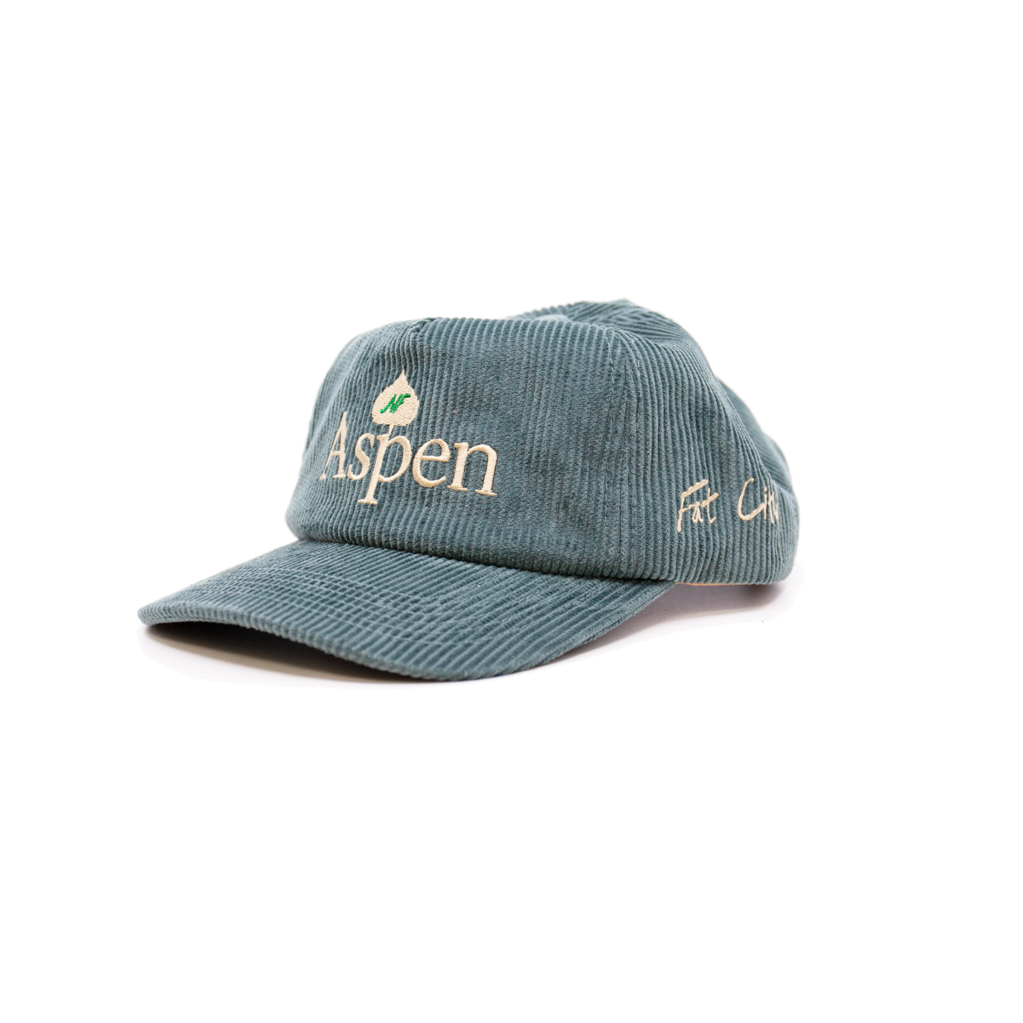 Teal blue corduroy baseball cap NF Aspen leaf embroidery at front Fat city embroidery at side One size fits all