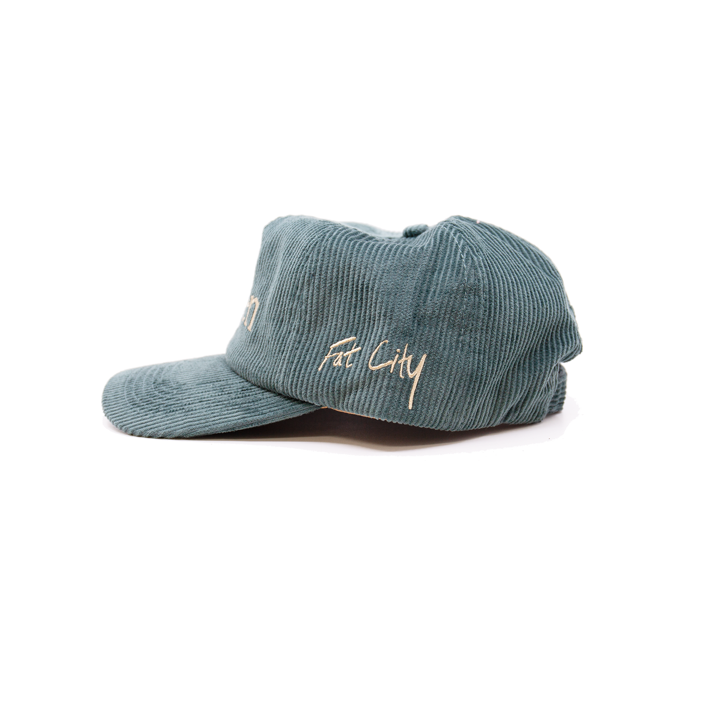 Teal blue corduroy baseball cap NF Aspen leaf embroidery at front Fat city embroidery at side One size fits all