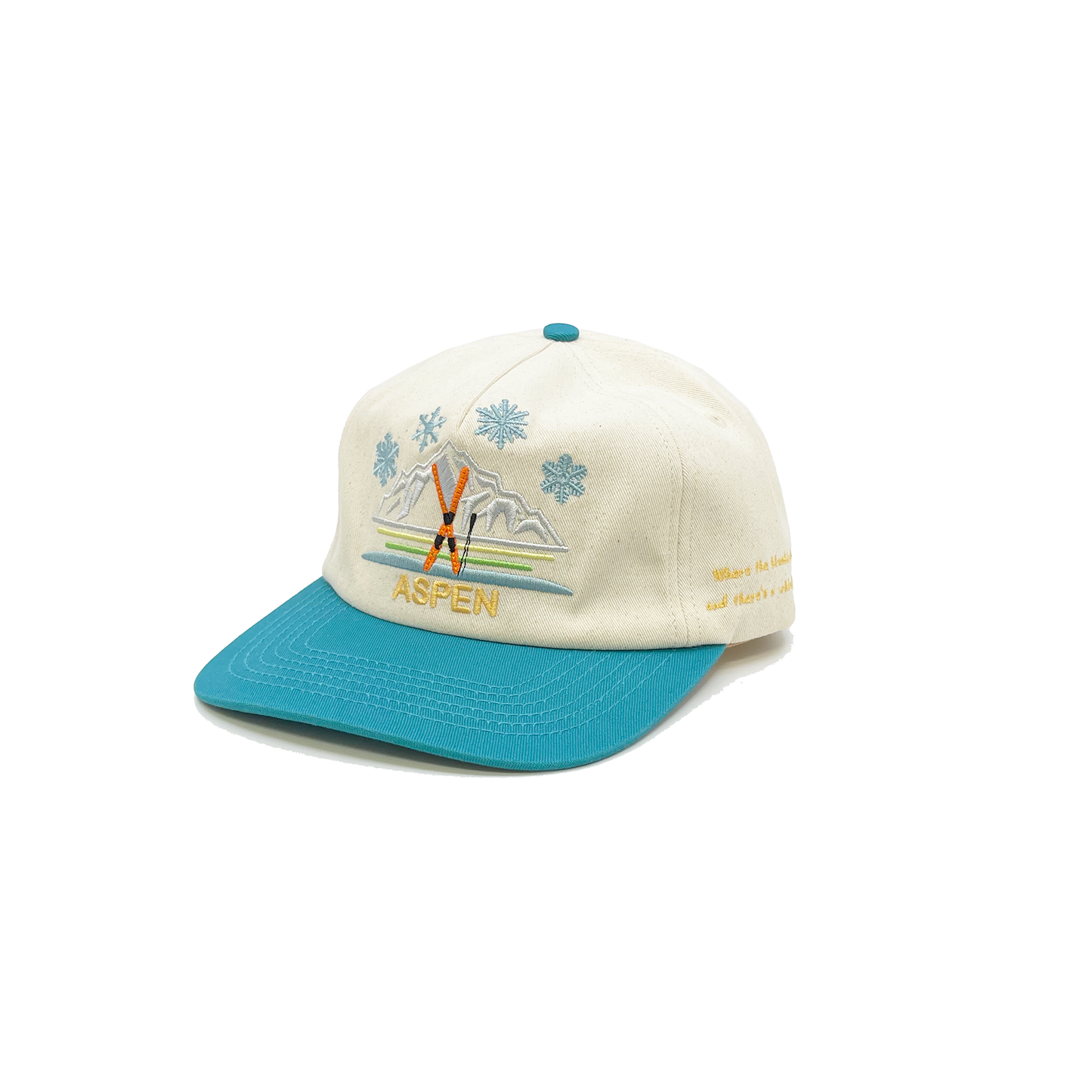 100% cotton in Cream/Teal cap Multicolor embroidered 'Aspen' graphic Moustarde embroidered “Where the bluebirds sing and there’s a whiskey spring” message on side Embroidered matchstick on reverse side One size fits all Made in Los Angeles