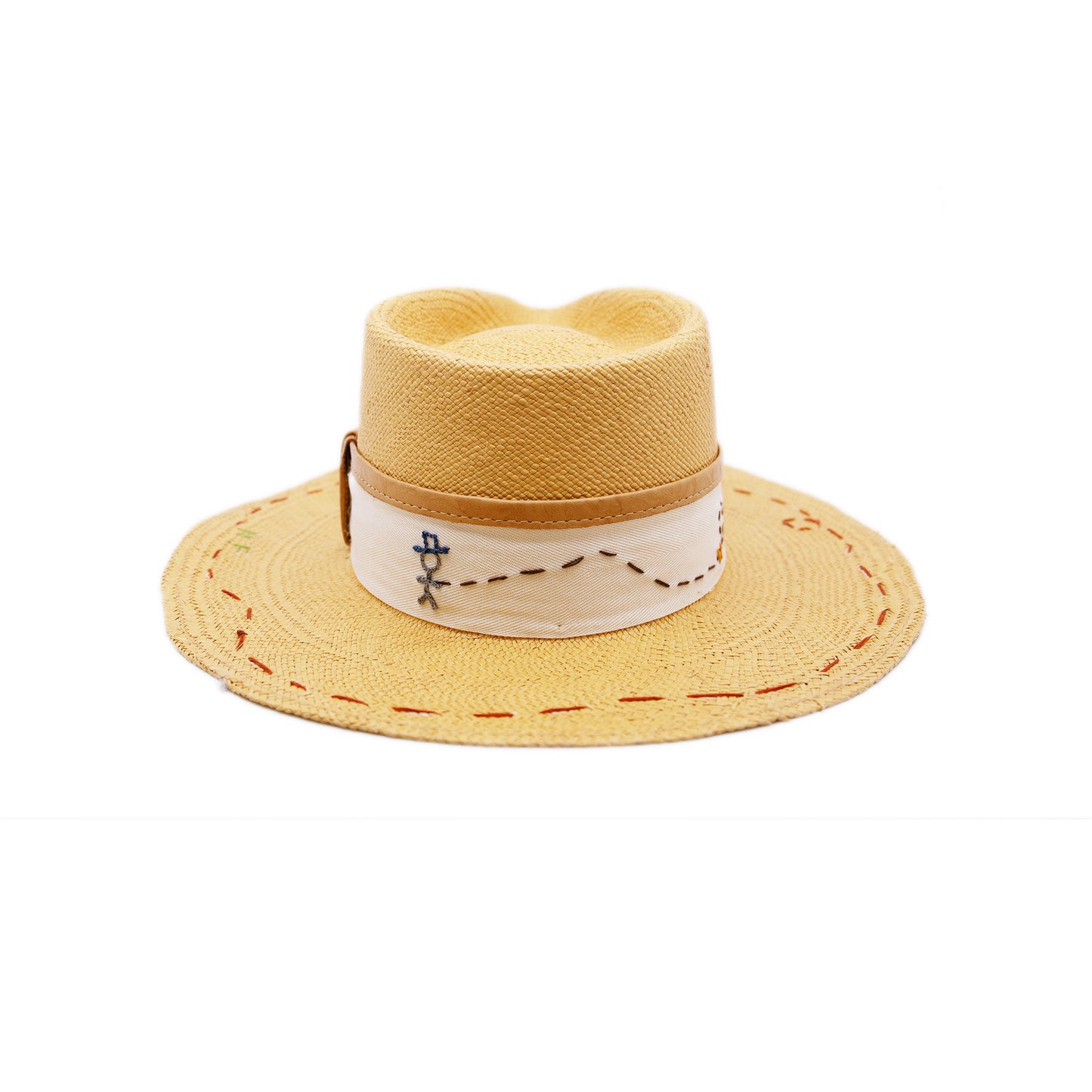 Round Up 100% Ecuadorian straw in Faded Mustard 2” grosgrain with cowpoke embroidery band Leather binding on band NF lasso embroidery around the brim Woven in Ecuador Flat brim Made in USA