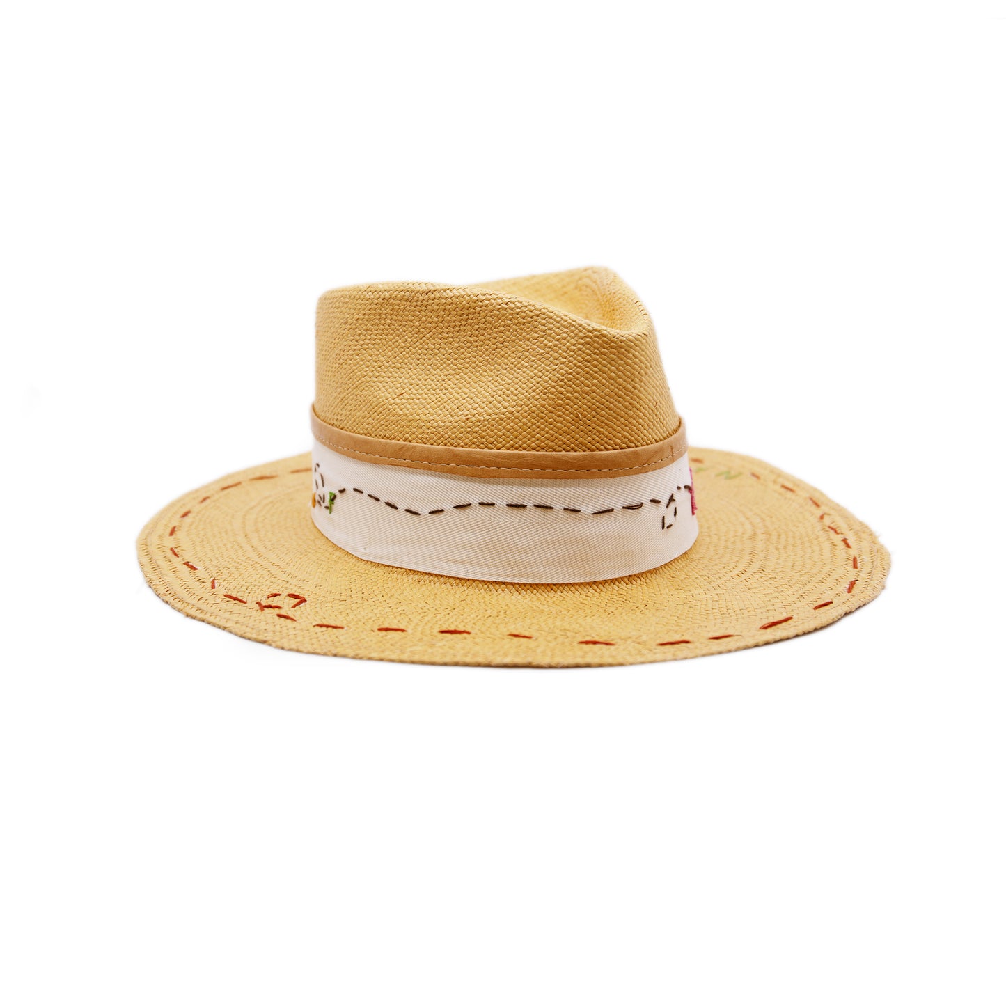Round Up 100% Ecuadorian straw in Faded Mustard 2” grosgrain with cowpoke embroidery band Leather binding on band NF lasso embroidery around the brim Woven in Ecuador Flat brim Made in USA