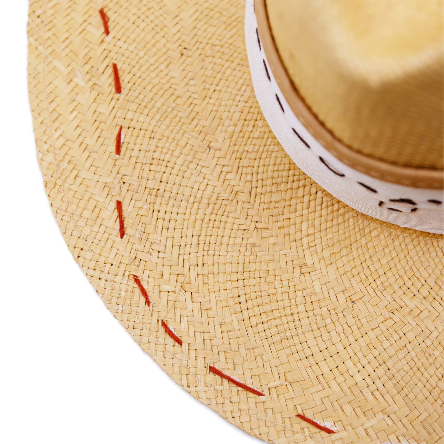 Round Up 100% Ecuadorian straw in Faded Mustard 2” grosgrain with cowpoke embroidery band Leather binding on band NF lasso embroidery around the brim Woven in Ecuador Flat brim Made in USA