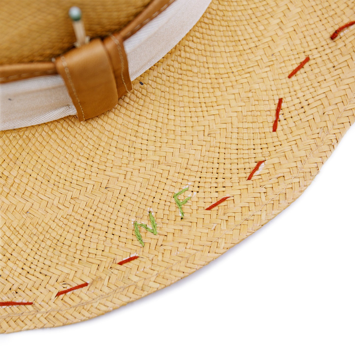 Round Up 100% Ecuadorian straw in Faded Mustard 2” grosgrain with cowpoke embroidery band Leather binding on band NF lasso embroidery around the brim Woven in Ecuador Flat brim Made in USA