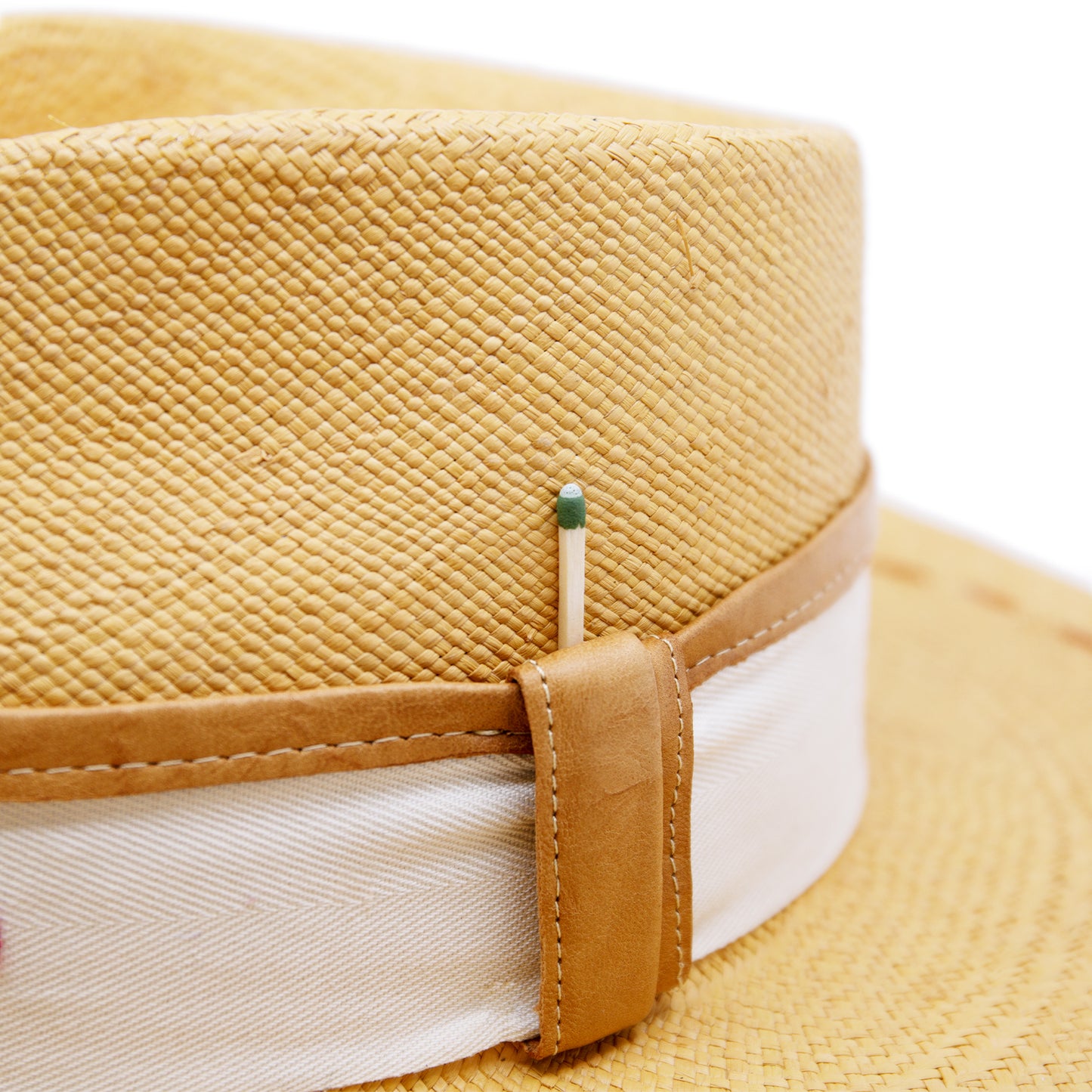 Round Up 100% Ecuadorian straw in Faded Mustard 2” grosgrain with cowpoke embroidery band Leather binding on band NF lasso embroidery around the brim Woven in Ecuador Flat brim Made in USA