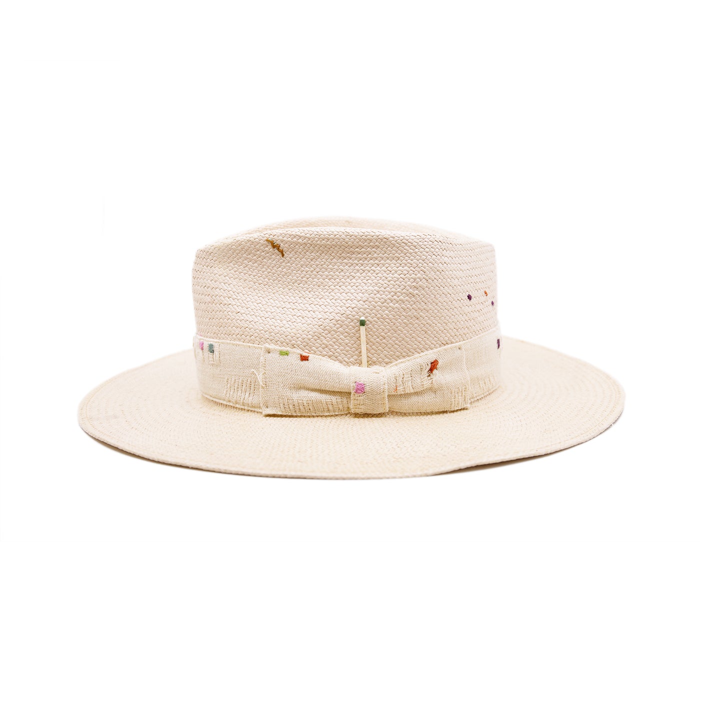 100% ecuadorian straw hat in Nude 2” Tonal woven band Multi color embroidery throughout the band and crown Woven in Ecuador Wavy brim Made in USA