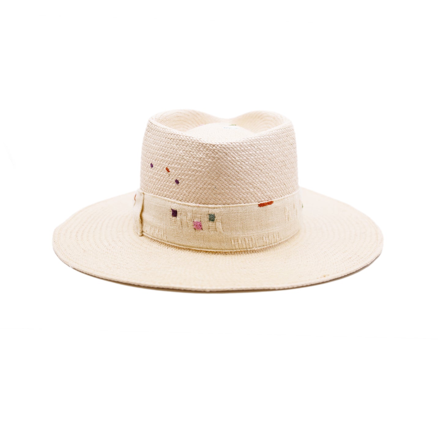 100% ecuadorian straw hat in Nude 2” Tonal woven band Multi color embroidery throughout the band and crown Woven in Ecuador Wavy brim Made in USA