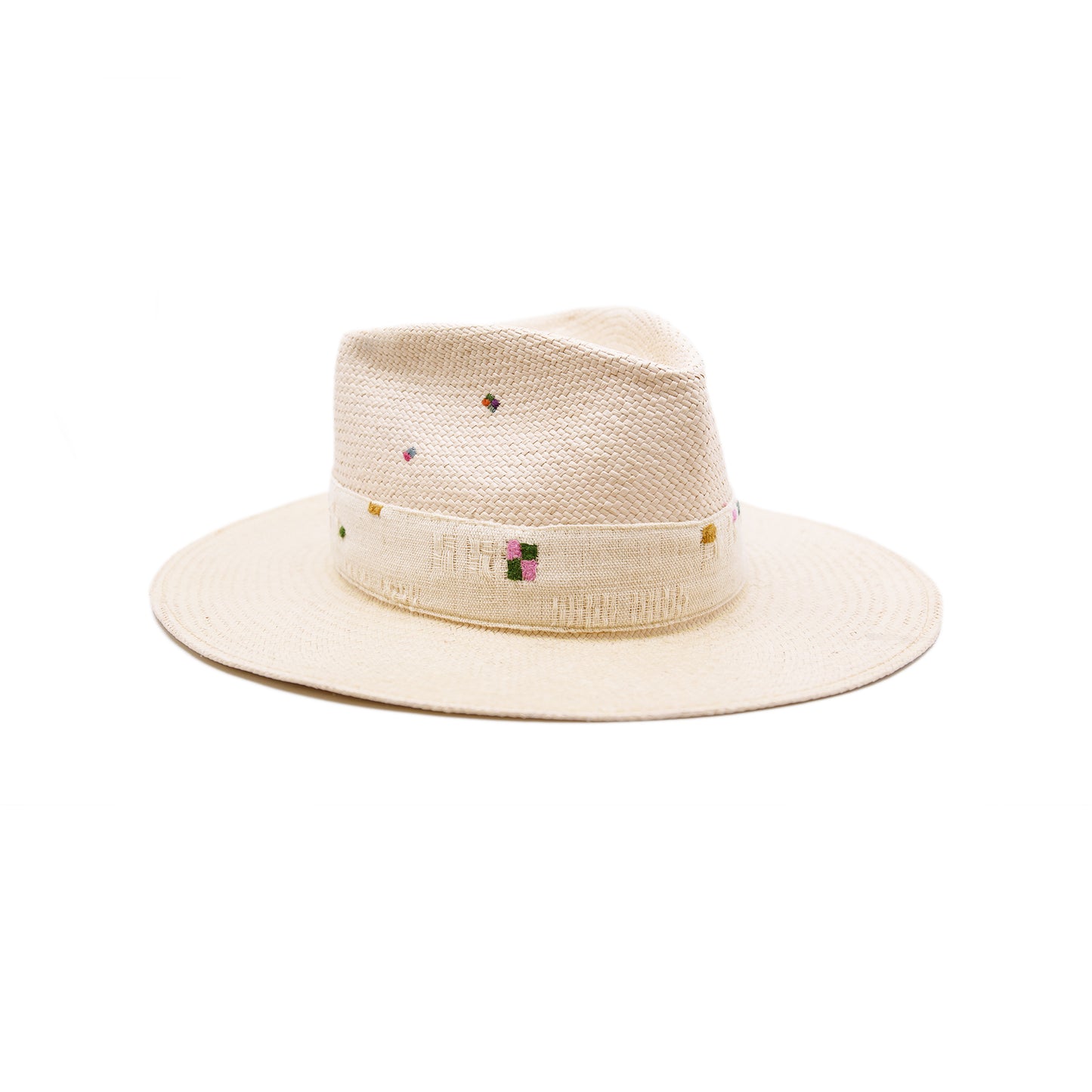 100% ecuadorian straw hat in Nude 2” Tonal woven band Multi color embroidery throughout the band and crown Woven in Ecuador Wavy brim Made in USA