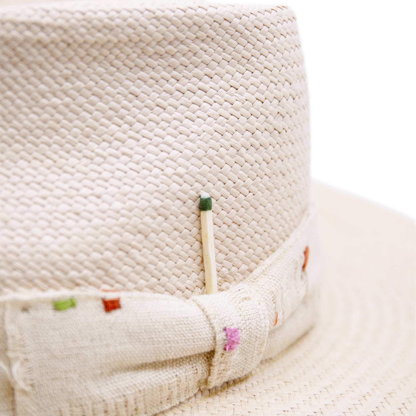 100% ecuadorian straw hat in Nude 2” Tonal woven band Multi color embroidery throughout the band and crown Woven in Ecuador Wavy brim Made in USA