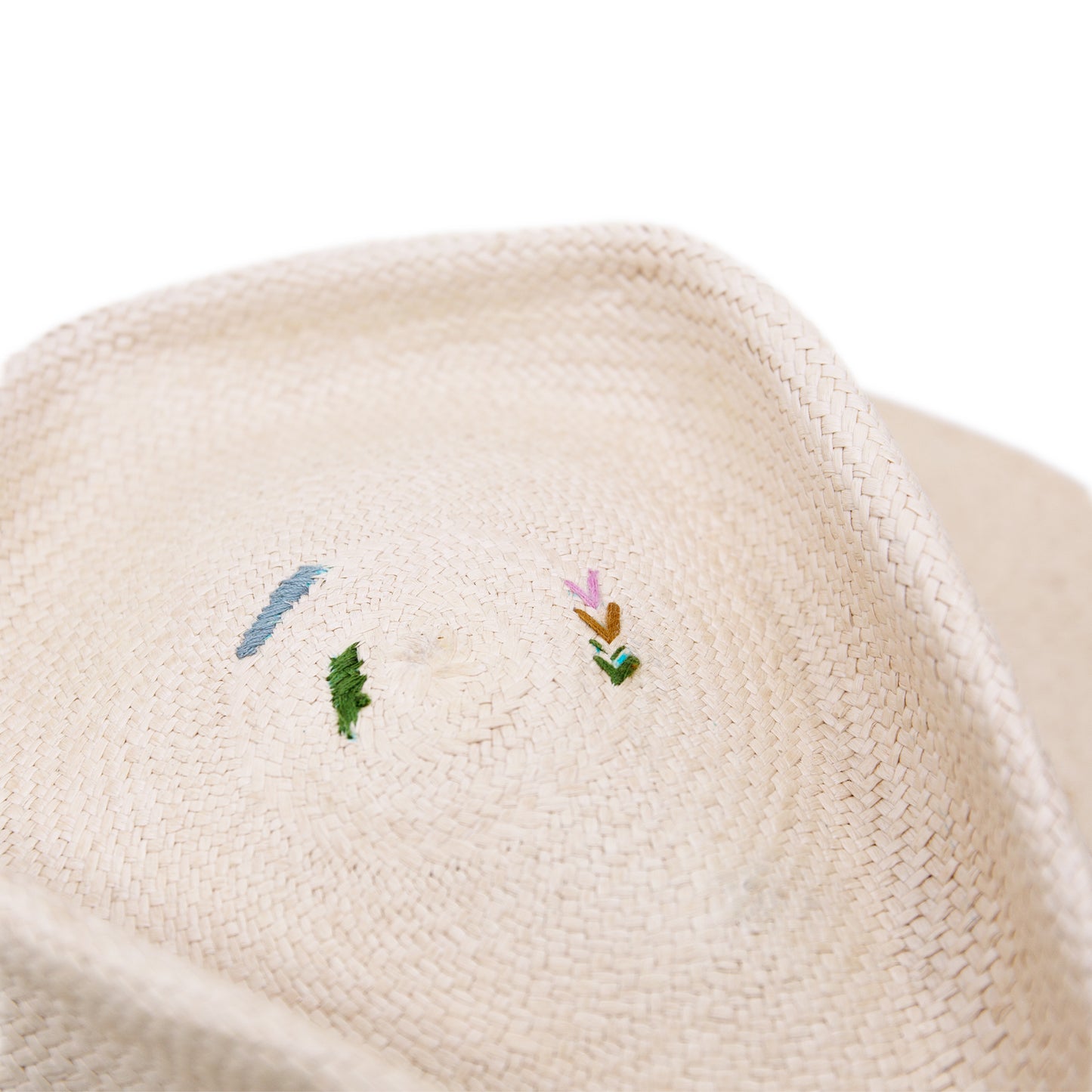 100% ecuadorian straw hat in Nude 2” Tonal woven band Multi color embroidery throughout the band and crown Woven in Ecuador Wavy brim Made in USA