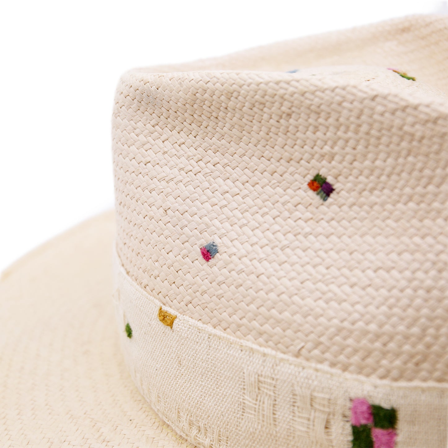 100% ecuadorian straw hat in Nude 2” Tonal woven band Multi color embroidery throughout the band and crown Woven in Ecuador Wavy brim Made in USA