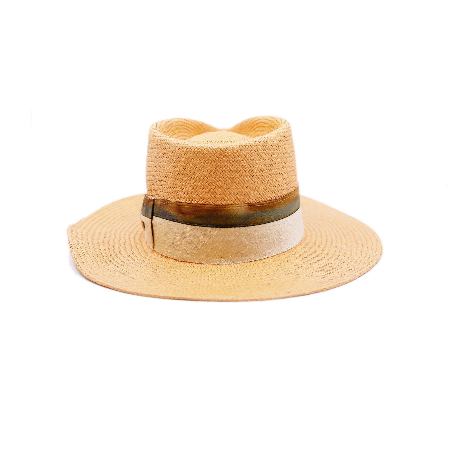 100% Ecuadorian straw hat in Pale Orange 2” Silk band with tie dyed silk binding Woven in Ecuador Flat brim Made in USA