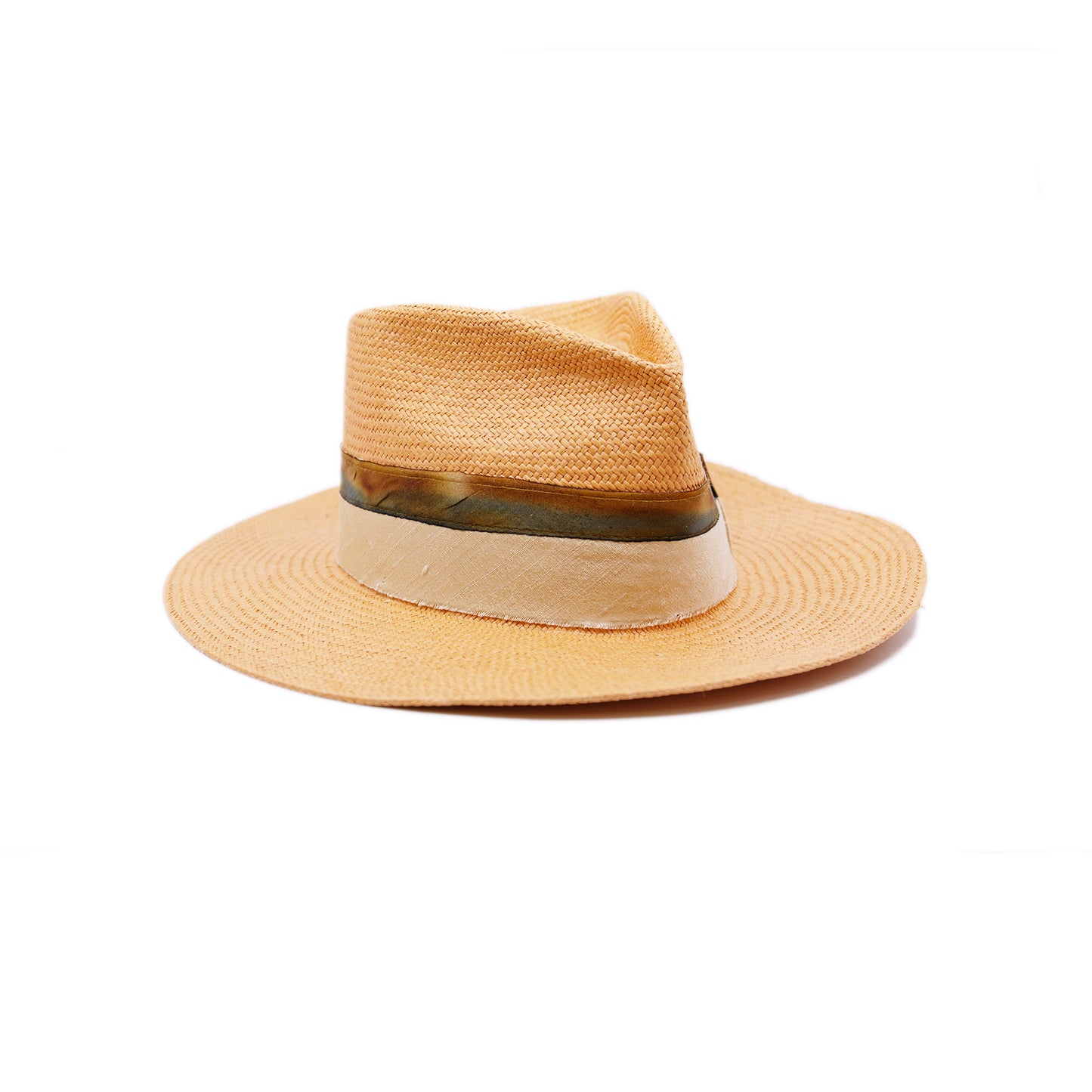 100% Ecuadorian straw hat in Pale Orange 2” Silk band with tie dyed silk binding Woven in Ecuador Flat brim Made in USA