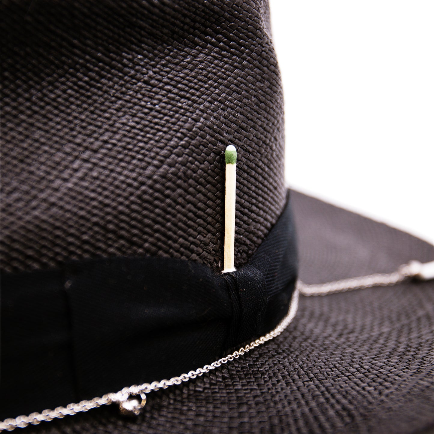 100% Ecuadorian straw hat in Black 1 ½” herringbone band & Bow Alternating silver chain with silver leaf accouterments Woven in Ecuador Western flanged brim Made in USA