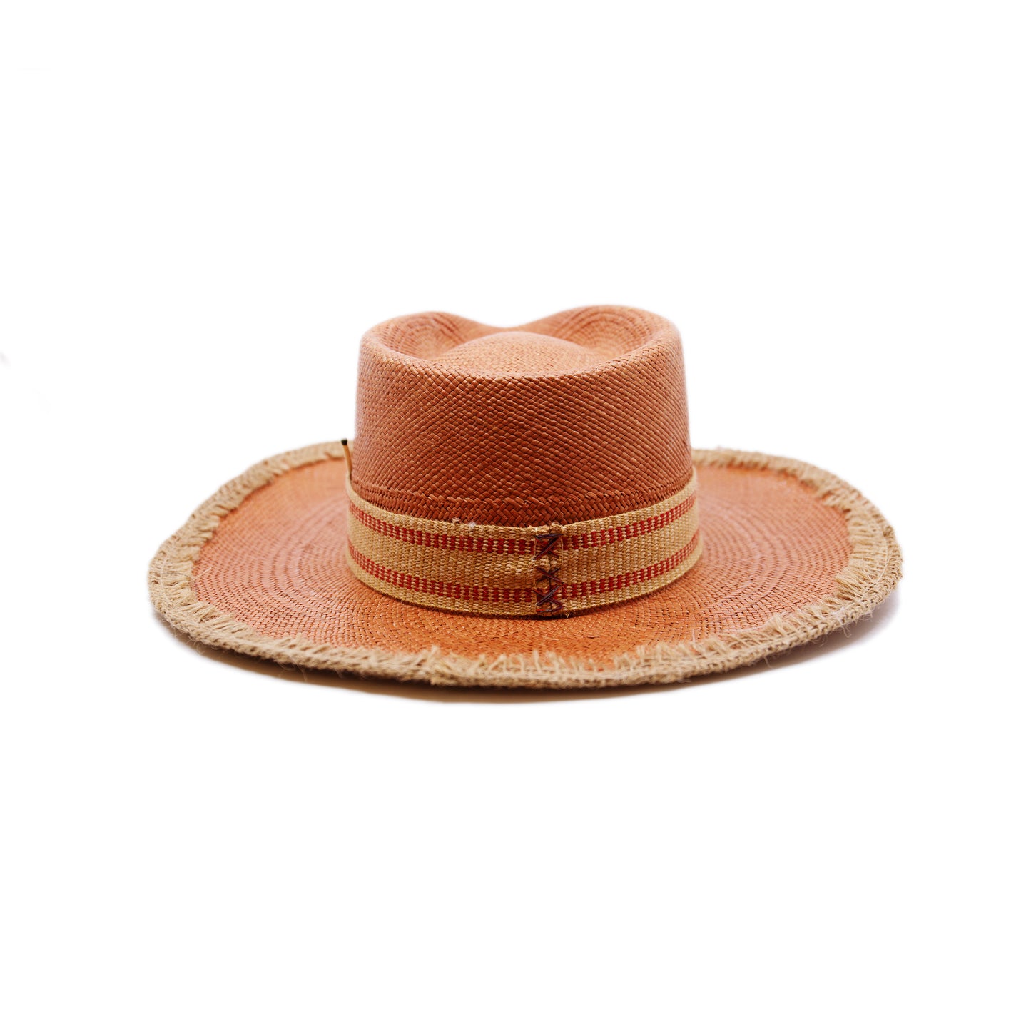 100% Ecuadorian straw in Terracotta 2” Two tone hemp band Open weave hemp binding Woven in Ecuador Subtle western flanged brim Made in USA