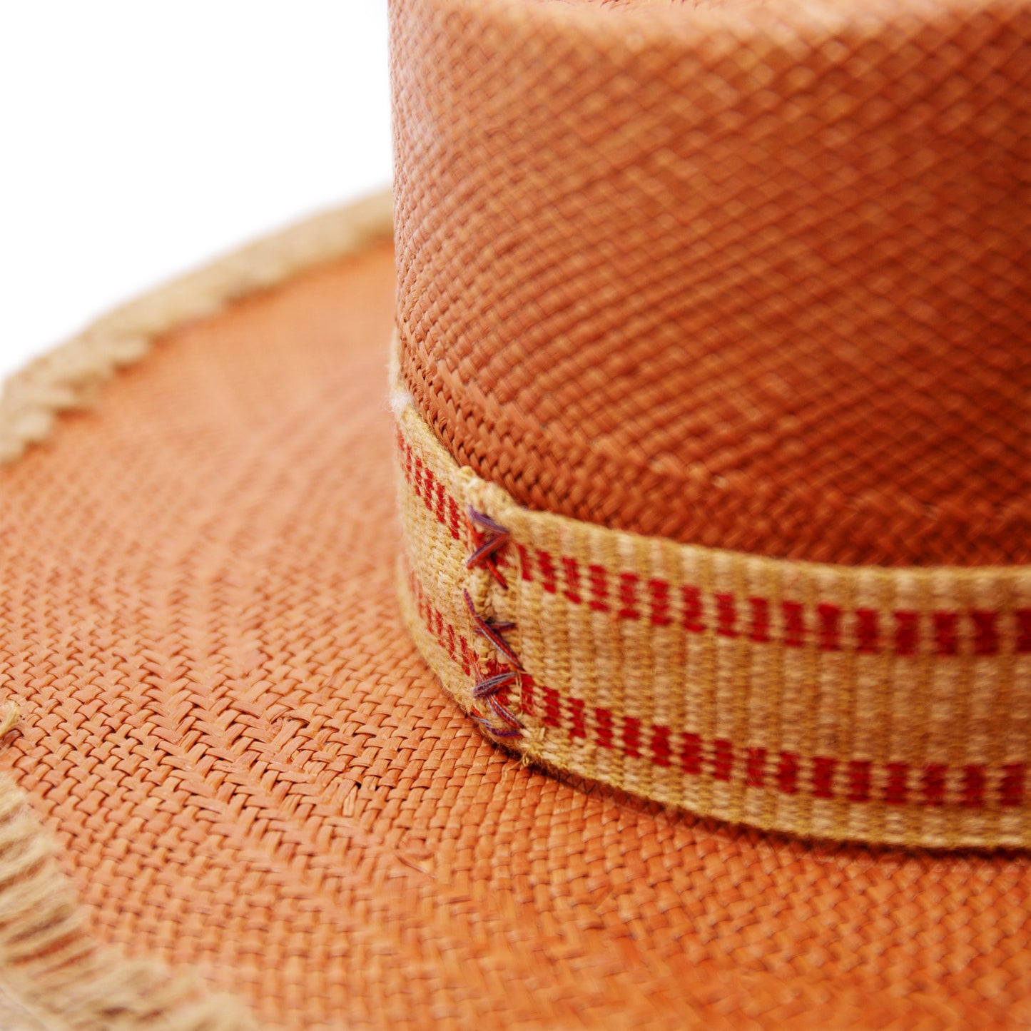 100% Ecuadorian straw in Terracotta 2” Two tone hemp band Open weave hemp binding Woven in Ecuador Subtle western flanged brim Made in USA