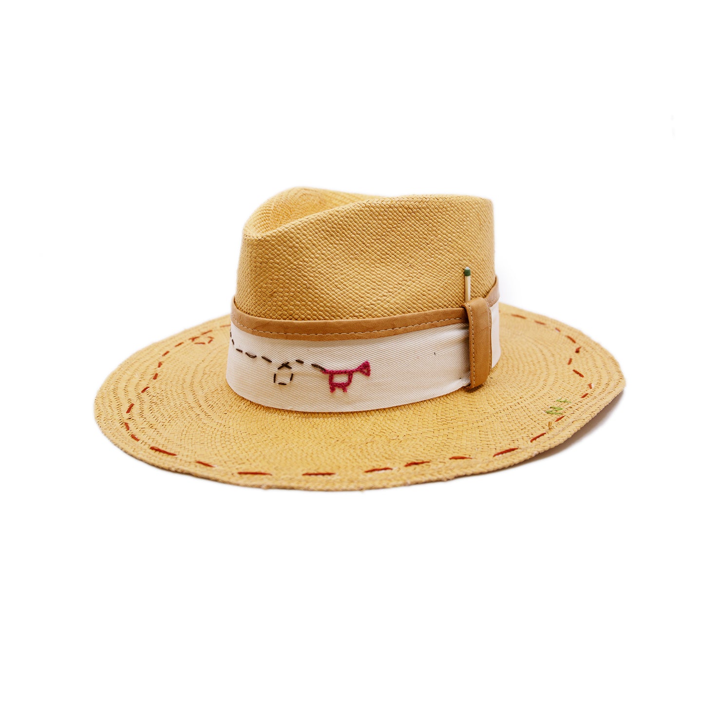 Round up 100% Ecuadorian straw in Faded Mustard 2” grosgrain with cowpoke embroidery band Leather binding on band NF lasso embroidery around the brim Woven in Ecuador Flat brim Made in USA