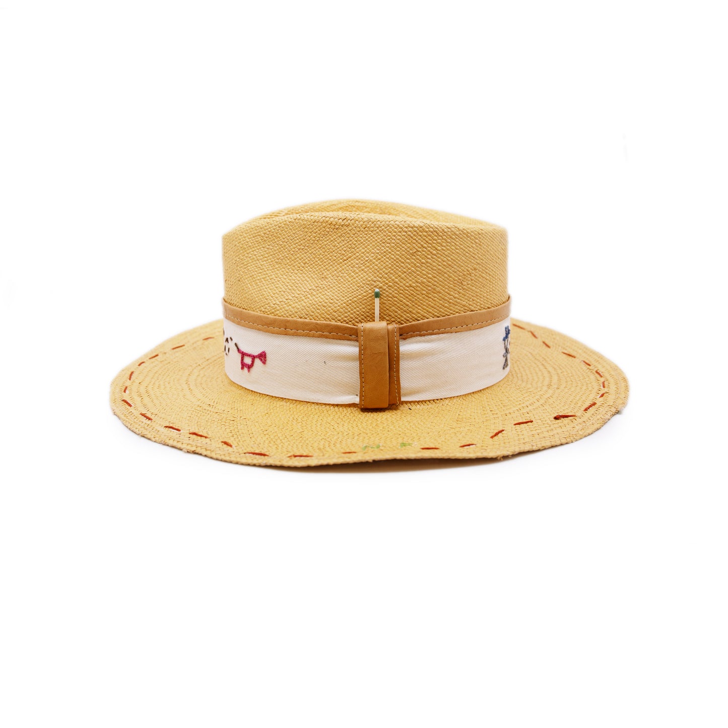 Round up 100% Ecuadorian straw in Faded Mustard 2” grosgrain with cowpoke embroidery band Leather binding on band NF lasso embroidery around the brim Woven in Ecuador Flat brim Made in USA