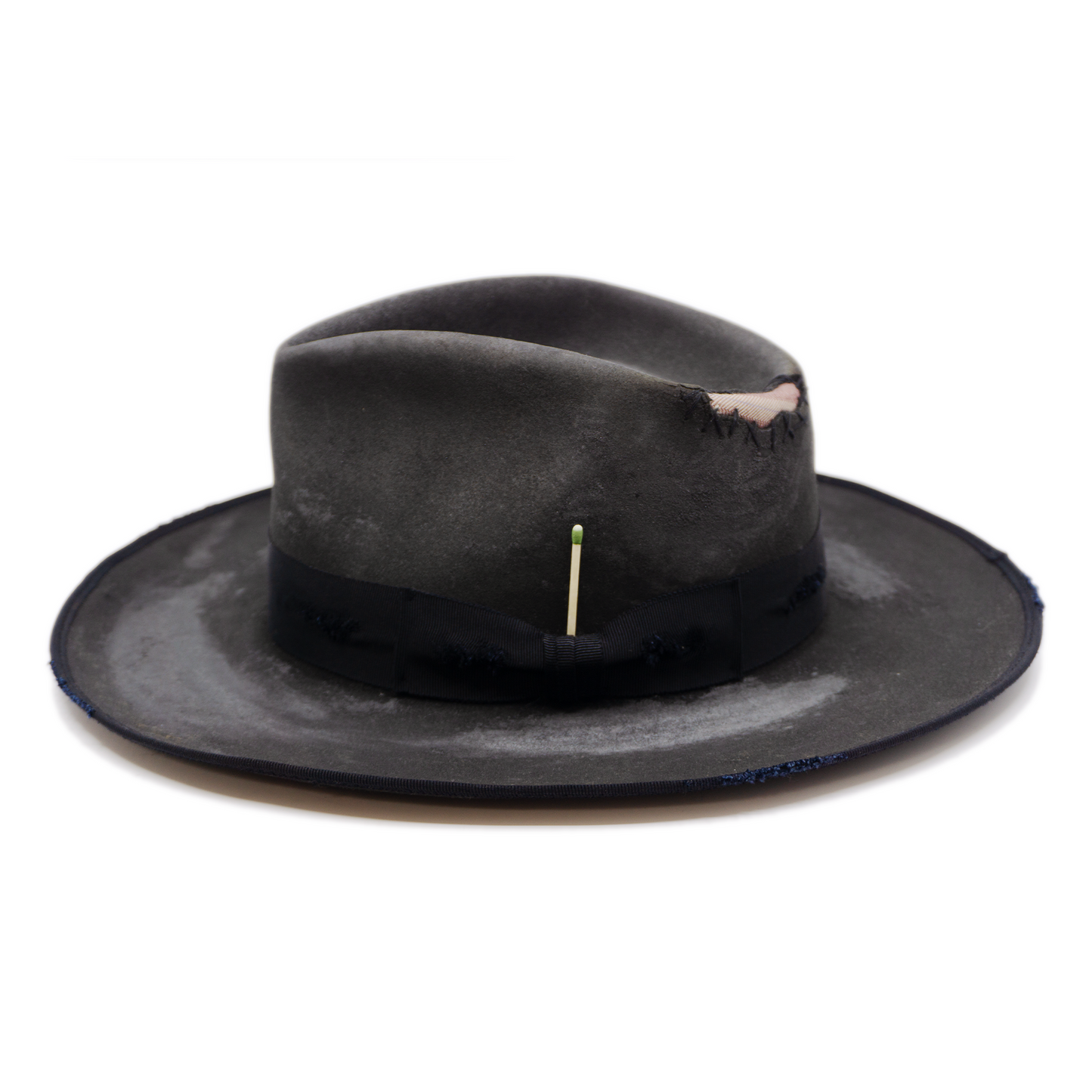 100% felt hat in Night Crawler Western Weight 1 ½ “ distressed tonal grosgrain NF fabric patchwork on crown Full 9mm distressed binding Distressed Lighty flanged brim Made in USA