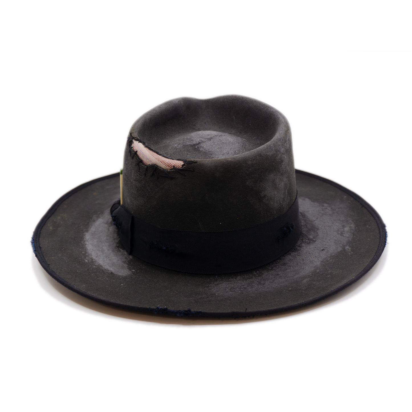 100% felt hat in Night Crawler Western Weight 1 ½ “ distressed tonal grosgrain NF fabric patchwork on crown Full 9mm distressed binding Distressed Lighty flanged brim Made in USA