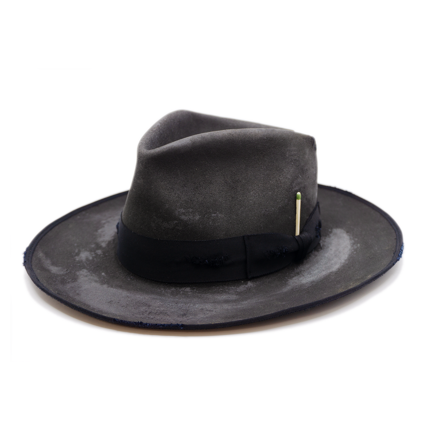 100% felt hat in Night Crawler Western Weight 1 ½ “ distressed tonal grosgrain NF fabric patchwork on crown Full 9mm distressed binding Distressed Lighty flanged brim Made in USA
