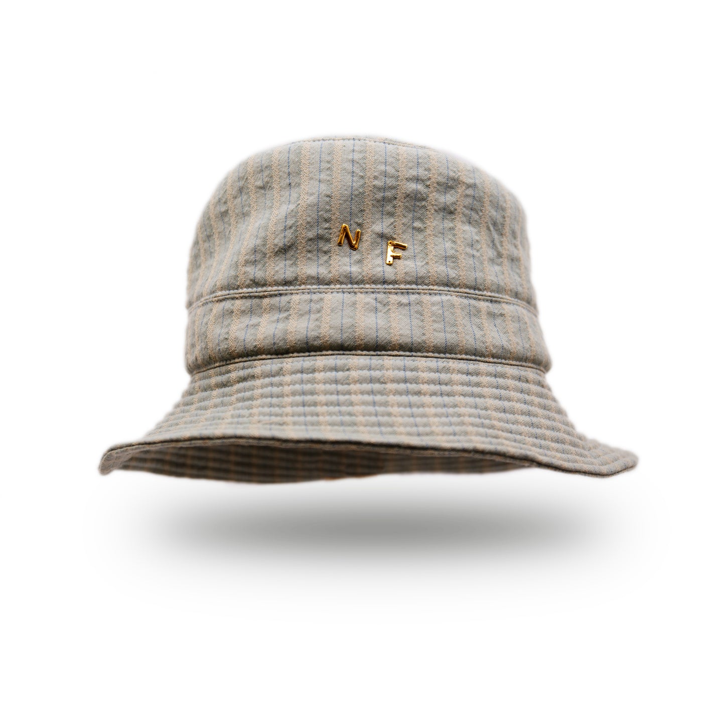 Chez Bob 100% linen bucket hat in blue and tan NF Italian jewelry on front side NF custom linen Made in USA