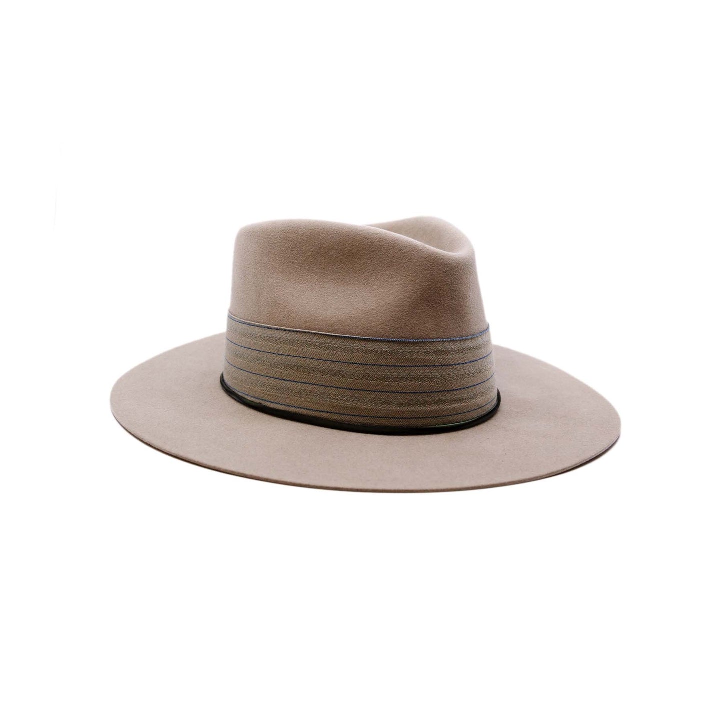 Villa St Cloud 100% felt hat in New Grey Dress Weight 2" custom NF lining band and bow Silk cord wrapped with NF fabrics on ends Handmade flowers with leather tips and NF fabric Slight flanged brim Made in USA