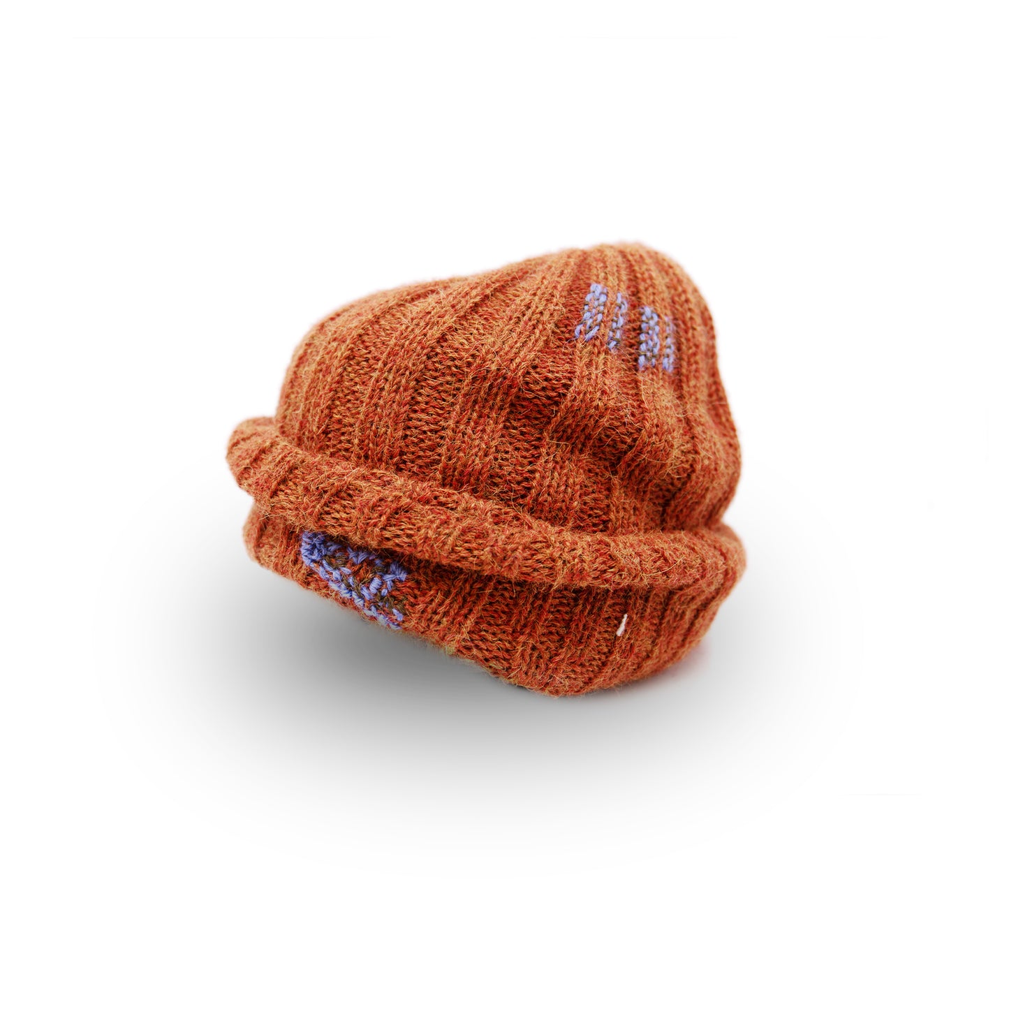 100% Baby Alpaca wool ribbed beanie in Rusted Blade Multicolored hand-embroidered mending Made in Los Angeles
