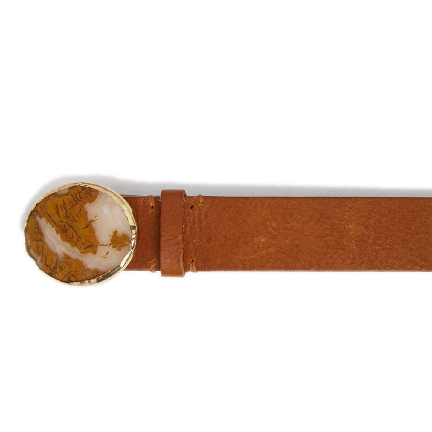 Ulsino Belt Brown calfskin leather belt Gold-tone trimmed, white and brown marble stone buckle Country of origin: Italy