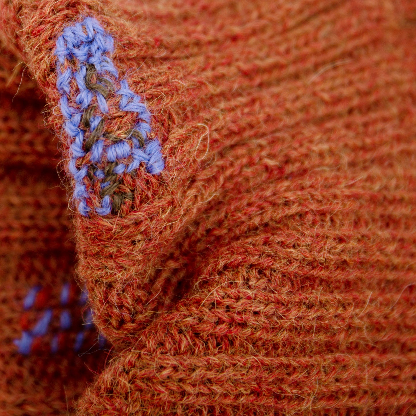 100% Baby Alpaca wool ribbed beanie in Rusted Blade Multicolored hand-embroidered mending Made in Los Angeles
