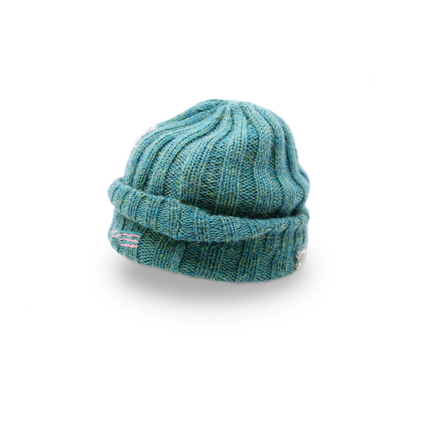100% Baby Alpaca wool ribbed beanie in Pacific Ocean Blue Multicolored hand-embroidered mending Made in Los Angeles