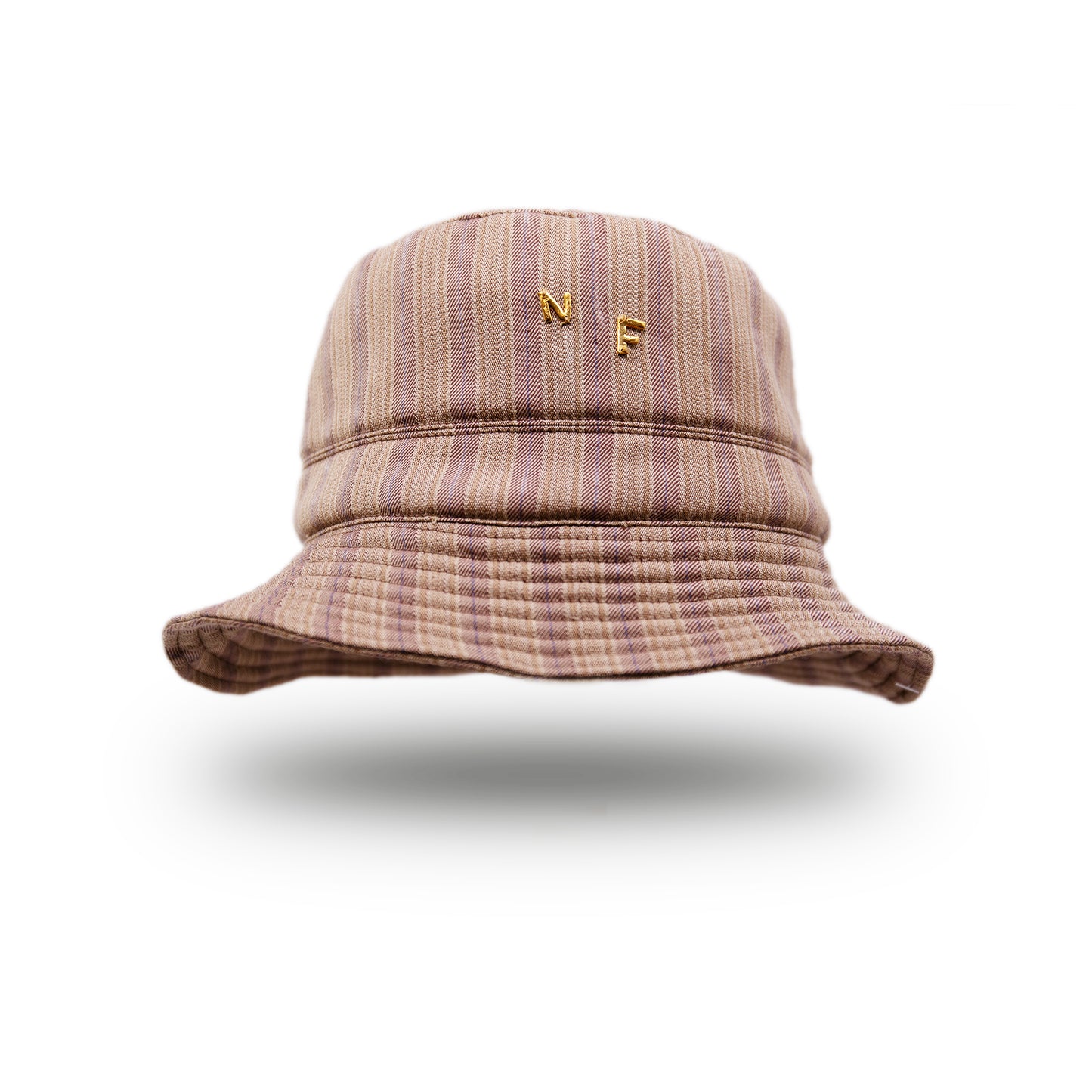 Chez Maxine 100% linen bucket hat in brown and purple NF Italian jewelry on front side NF custom linen Made in USA