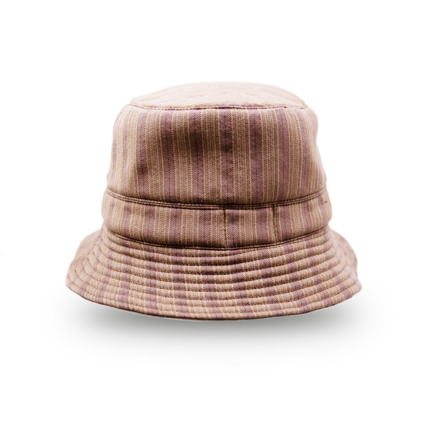 Chez Maxine 100% linen bucket hat in brown and purple NF Italian jewelry on front side NF custom linen Made in USA