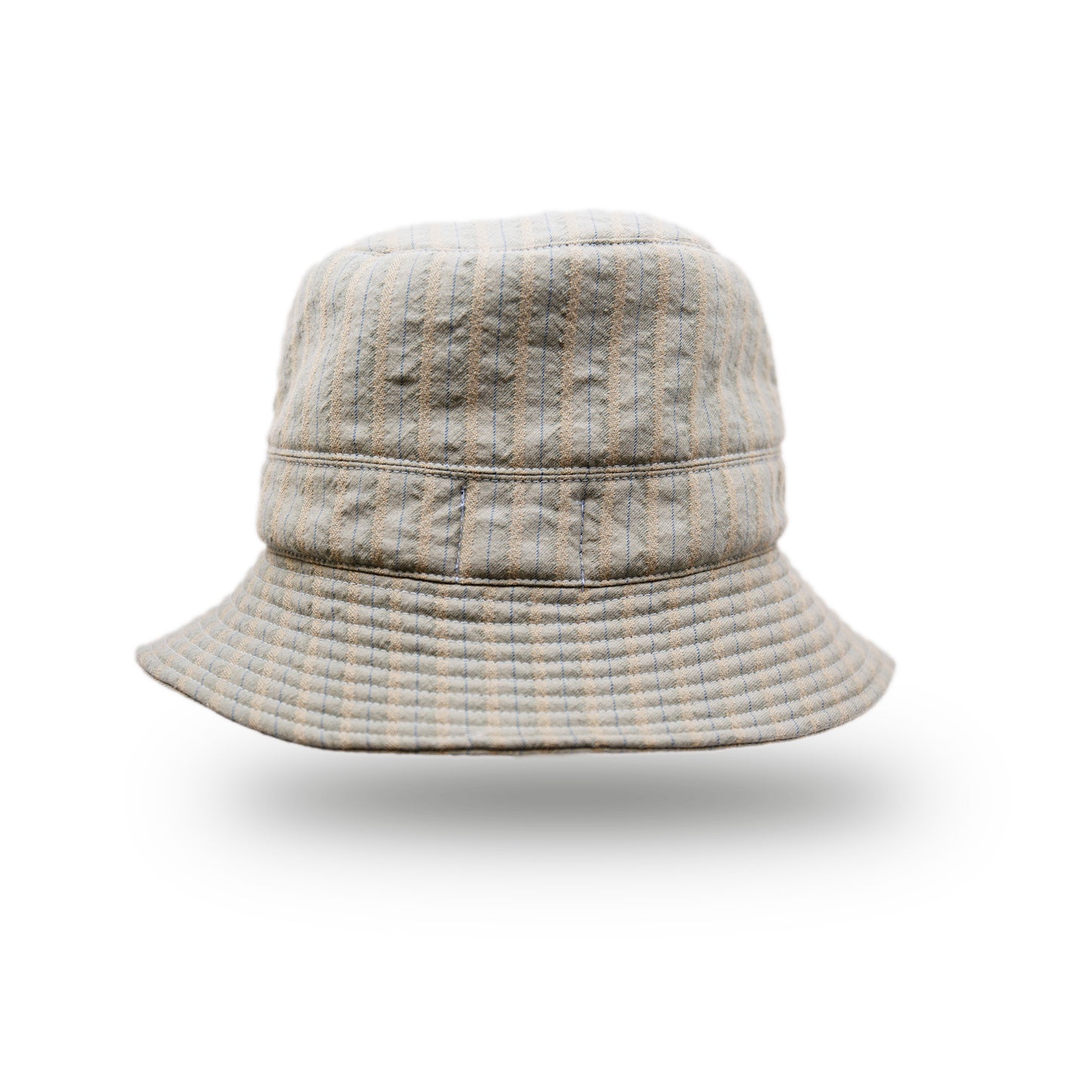 Chez Bob 100% linen bucket hat in blue and tan NF Italian jewelry on front side NF custom linen Made in USA