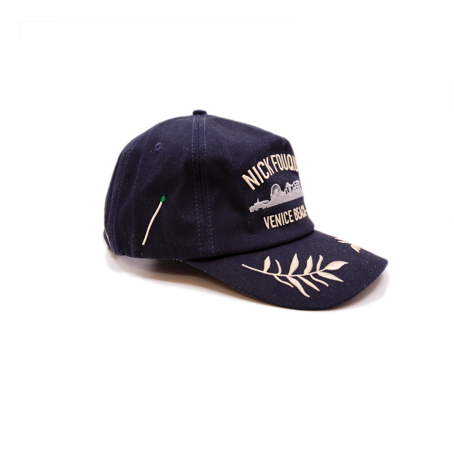 NF·US·V Hat Cotton Baseball Cap in Navy Blue Multicolor Embroidered Venice Skyline Gold embroidered "Nick Fouquet Venice Beach - CA" Embroidered matchstick on reverse side One size fits all