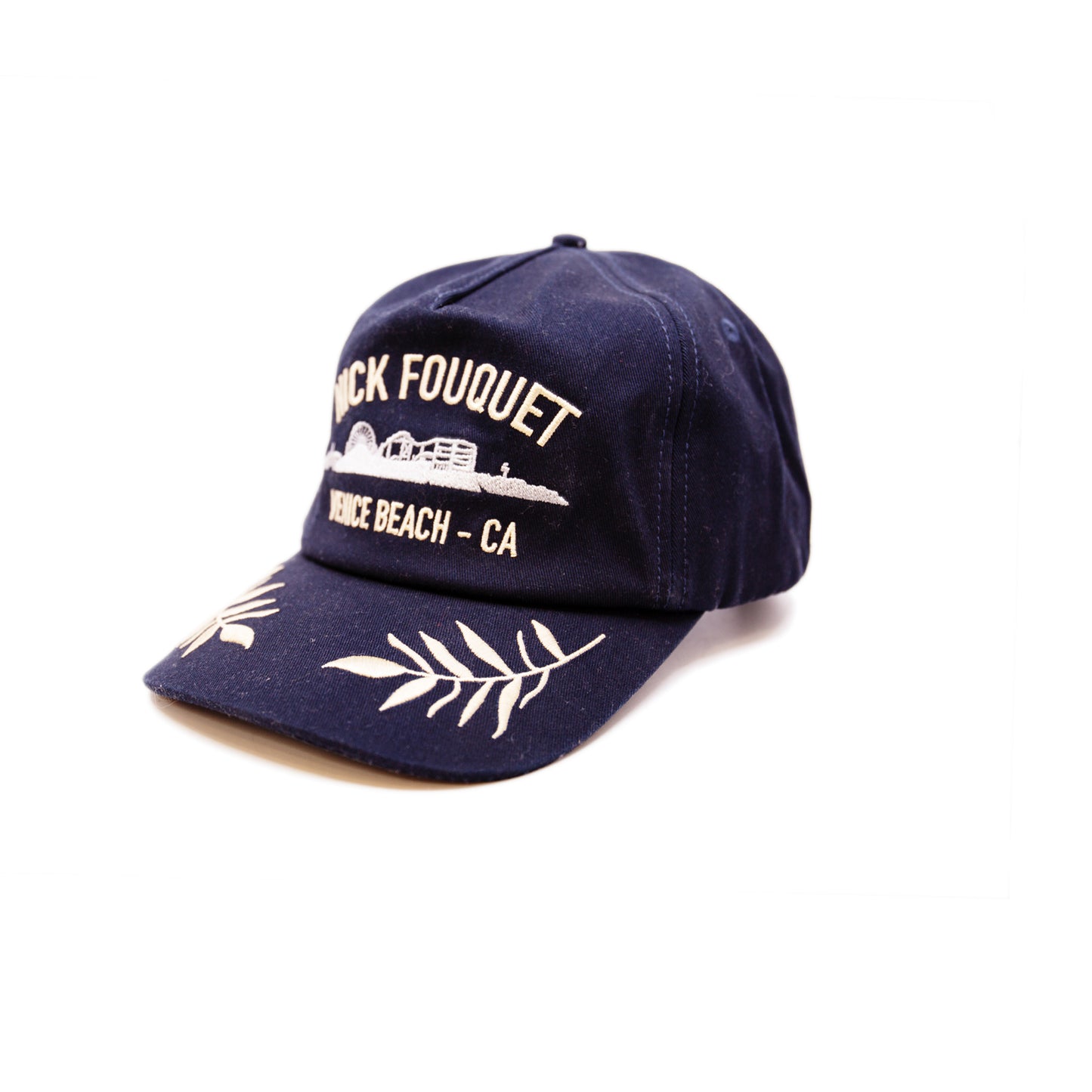 NF·US·V Hat Cotton Baseball Cap in Navy Blue Multicolor Embroidered Venice Skyline Gold embroidered "Nick Fouquet Venice Beach - CA" Embroidered matchstick on reverse side One size fits all